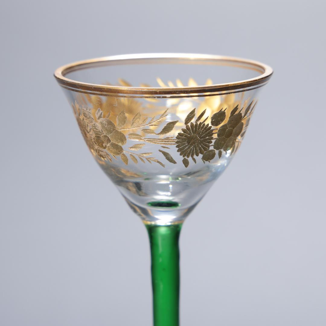 アンティークグラス　リキュールグラス　金彩に緑のステム　R1346ダI