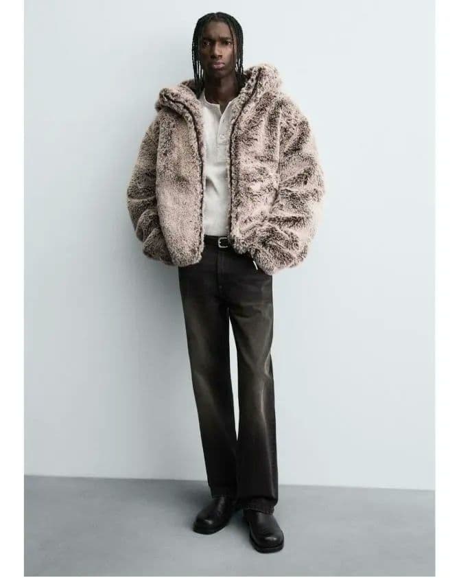 ZARA　フェイクファー　フード付きジャケット XL　ブラウン