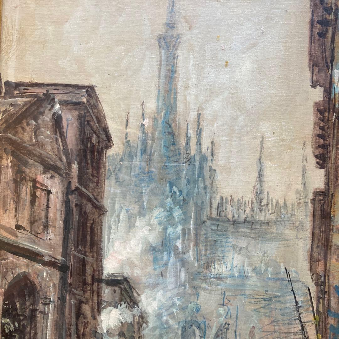 大聖堂風景　作者不詳　油絵　額61×33絵57×28cm ヨーロッパ街の風景