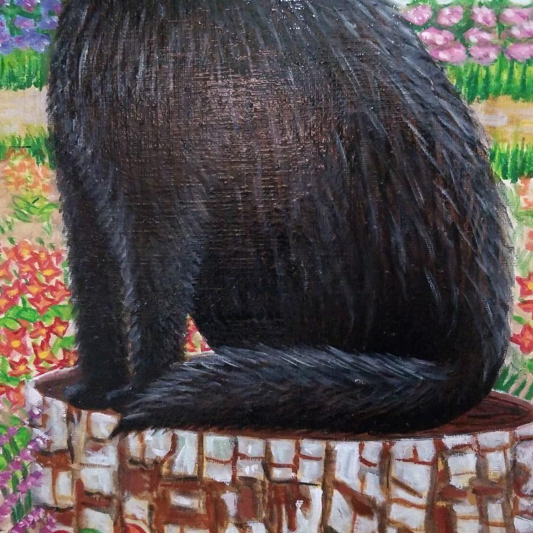 油絵　専用　切り株の上の黒猫