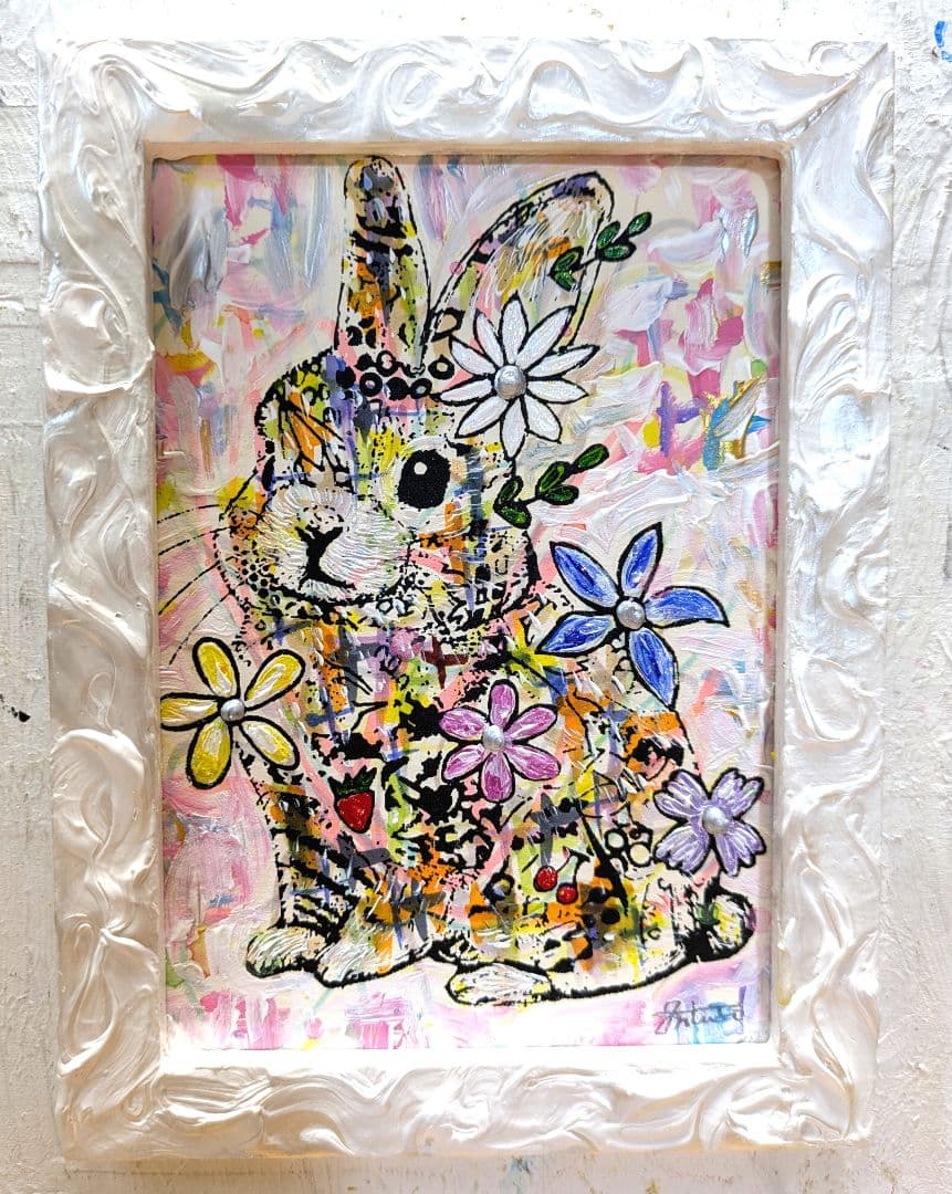 手作り額付き作品　title「永遠の虹うさぎ」