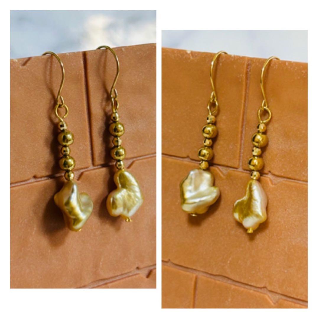 (M0119-6)K18YG南洋白蝶ゴールデンケシパールアメリカンピアス