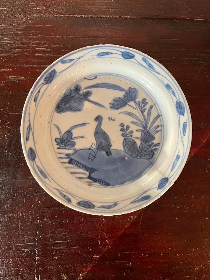 中国古玩　古染付　水辺に鳥　明　清朝期　青花　鍔皿　　古伊万里　染付　藍九谷