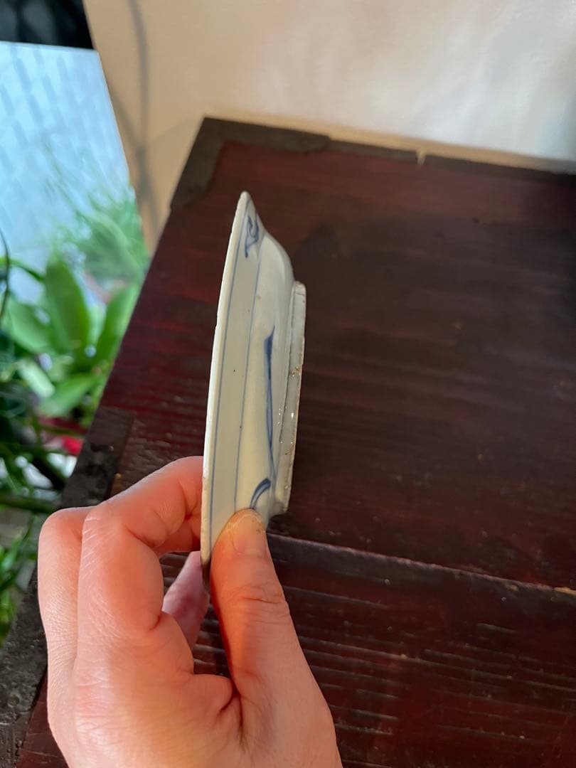 中国古玩　古染付　水辺に鳥　明　清朝期　青花　鍔皿　　古伊万里　染付　藍九谷