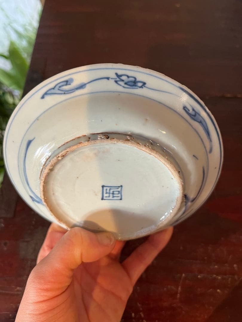 中国古玩　古染付　水辺に鳥　明　清朝期　青花　鍔皿　　古伊万里　染付　藍九谷