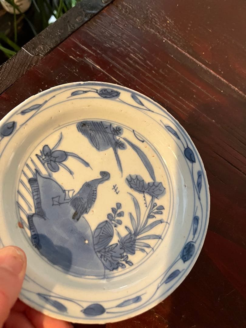 中国古玩　古染付　水辺に鳥　明　清朝期　青花　鍔皿　　古伊万里　染付　藍九谷