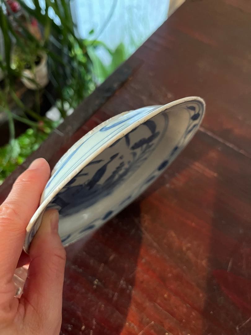 中国古玩　古染付　水辺に鳥　明　清朝期　青花　鍔皿　　古伊万里　染付　藍九谷