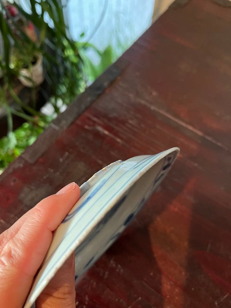 中国古玩　古染付　水辺に鳥　明　清朝期　青花　鍔皿　　古伊万里　染付　藍九谷