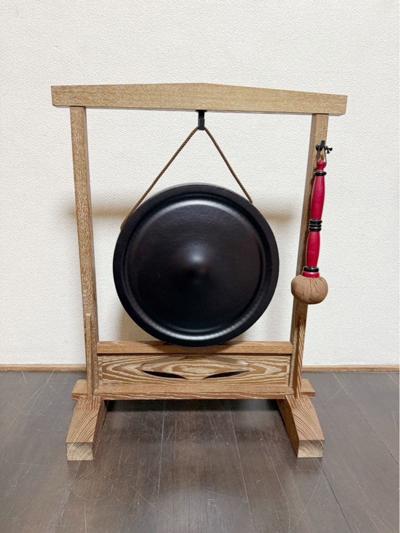 未使用 茶道具 水屋道具 桑 七宝透 銅鑼枠 金谷浄雲作 銅鑼 銅印 桴付 元箱