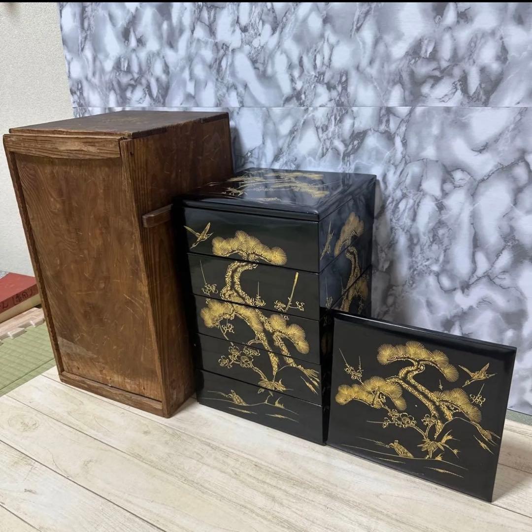 美術品アンティークコレクション 工芸品 輪島塗重箱五段重 重箱 沈金蒔絵 木箱入