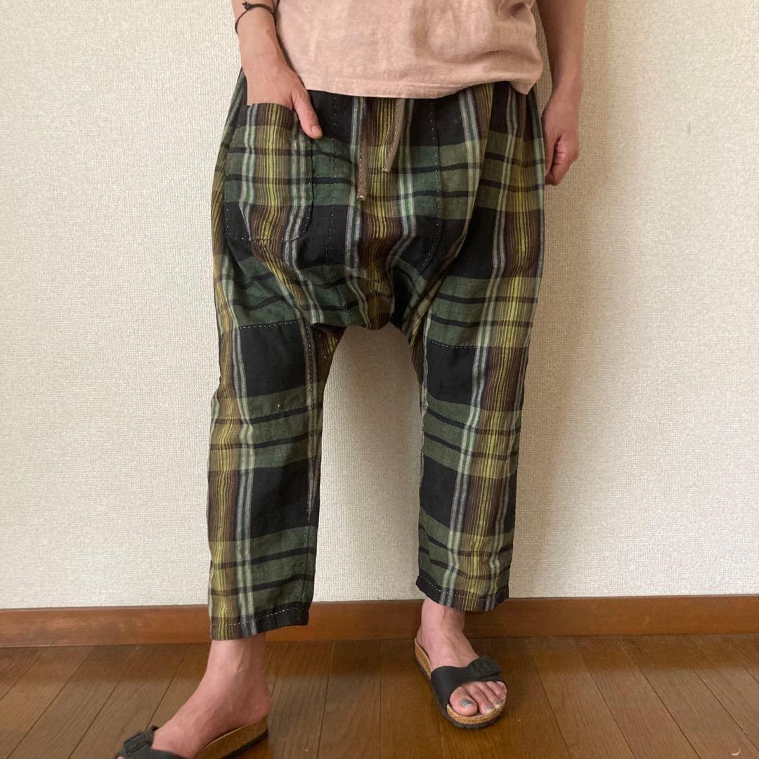 昭和レトロ 古布 布団皮 格子柄 ピエロもんぺ サルエル モンキーパンツ