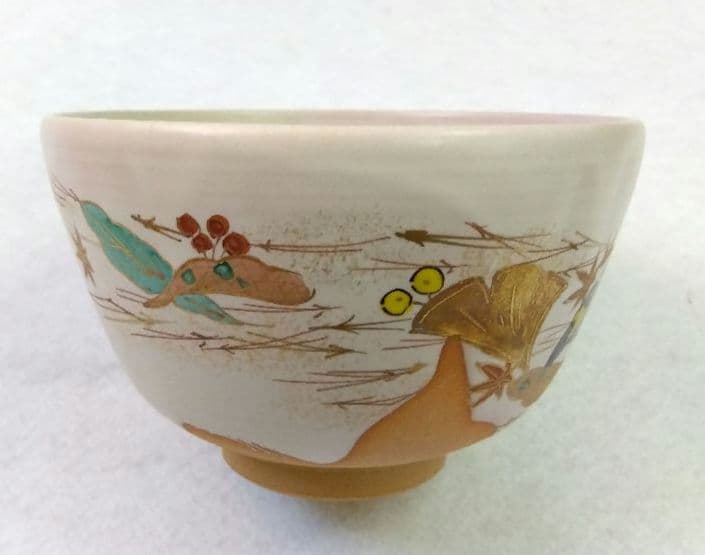 茶道具 茶碗 白釉 吹寄 平安 小野山 照雲 京焼 清水焼 錦秋