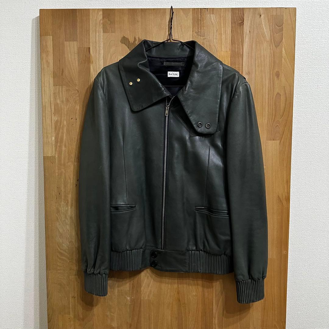 ポールスミス レザージャケット ハイネック M ラムレザー モスグリーン