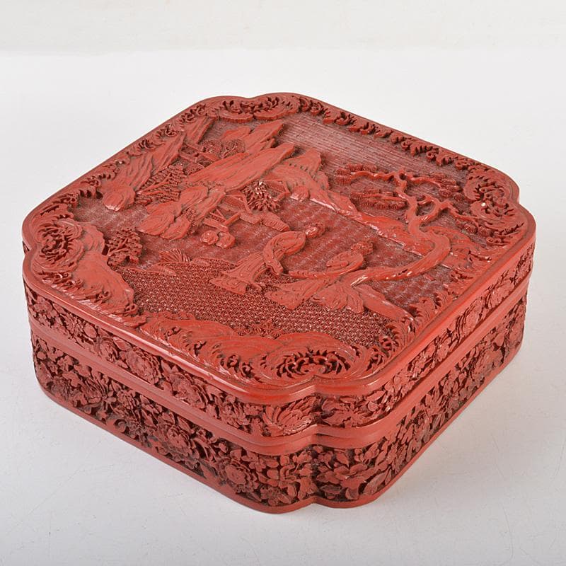 りか　中国　堆朱風　山水人物文　四方箱　蓋物　V　6477