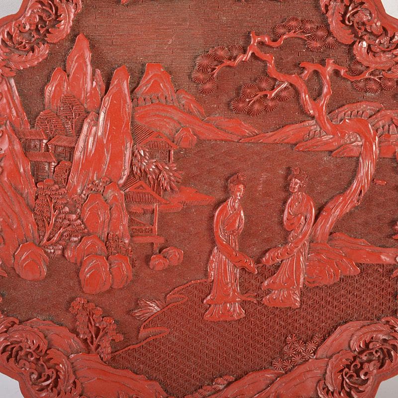 りか　中国　堆朱風　山水人物文　四方箱　蓋物　V　6477