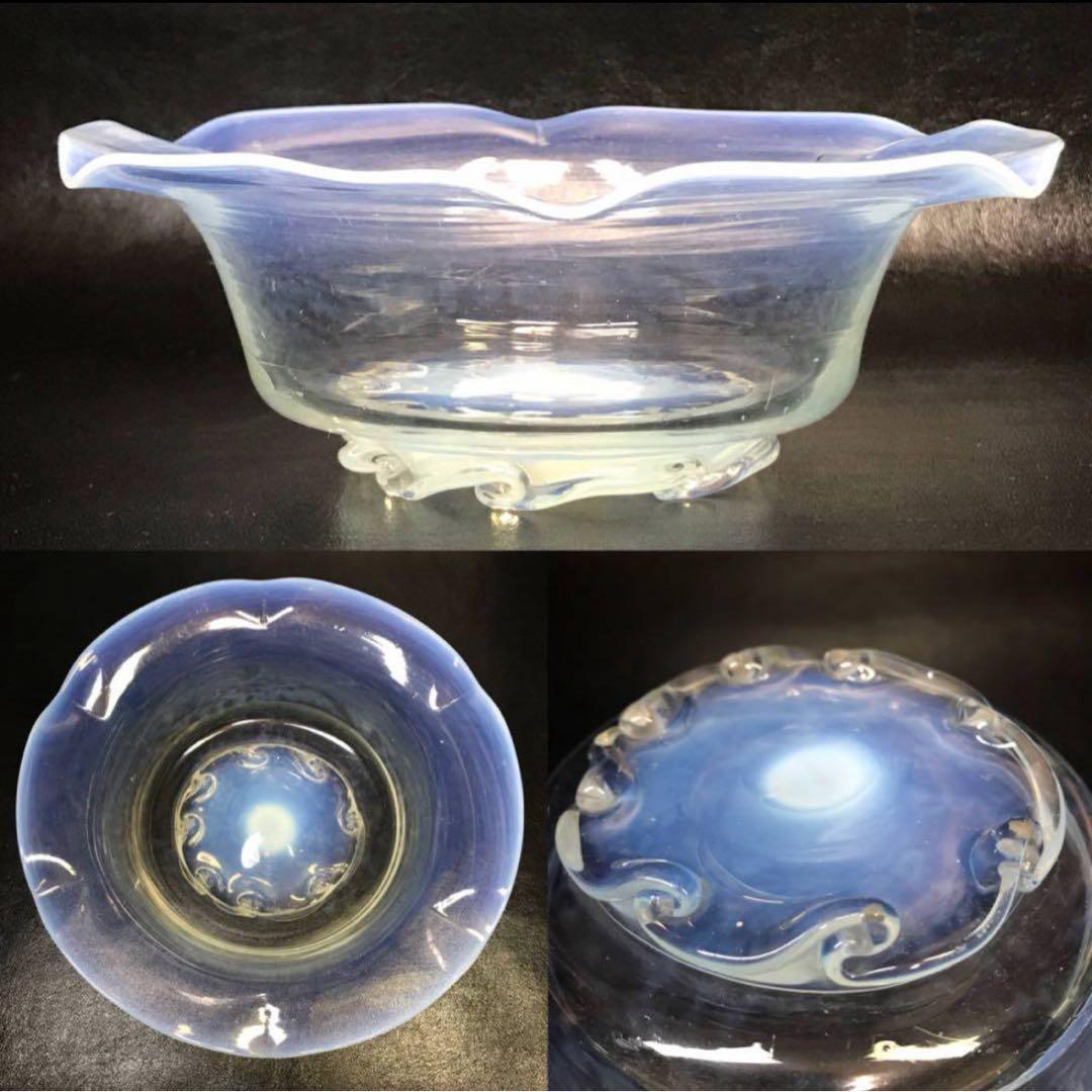 ★明治/大正ガラス！綺麗なブルーに乳白ぼかし小鉢/気泡ガラス/氷コップ/2個！★