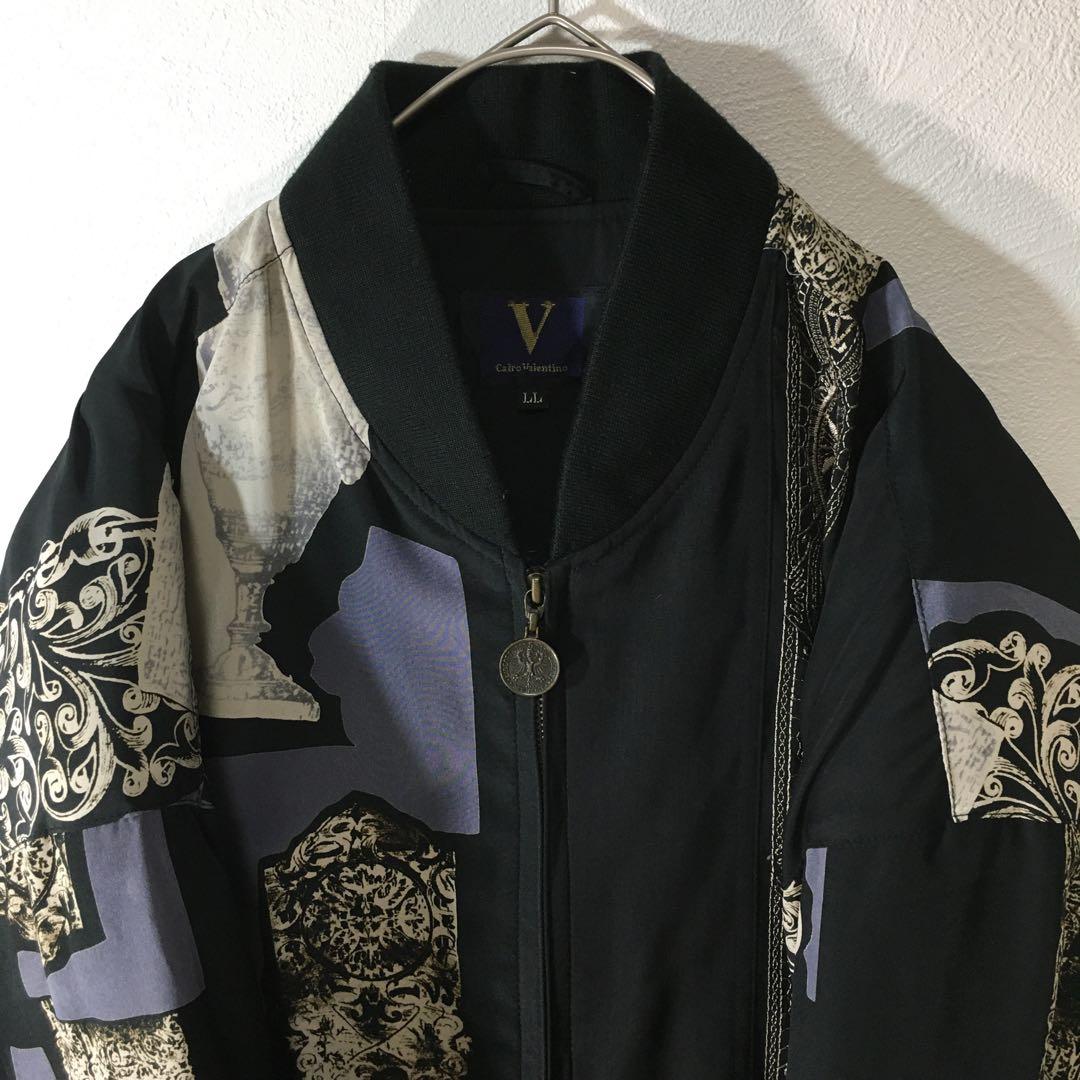 【個性派古着】長袖総柄デザインブルゾン　豪華刺繍入り　ヨーロピアン調　LL