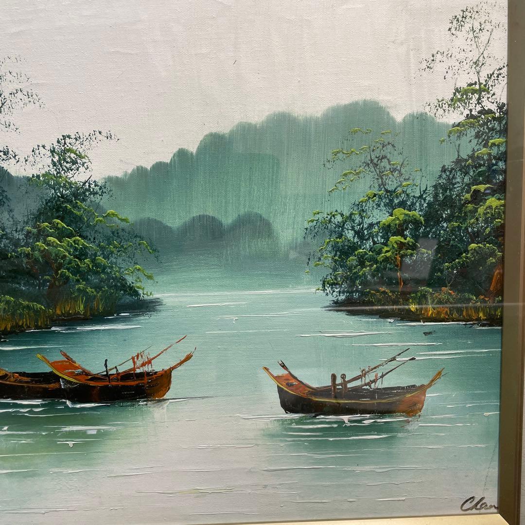 油彩画 風景（川とボート） 金色フレーム QW4371