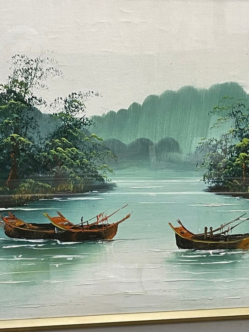 油彩画 風景（川とボート） 金色フレーム QW4371