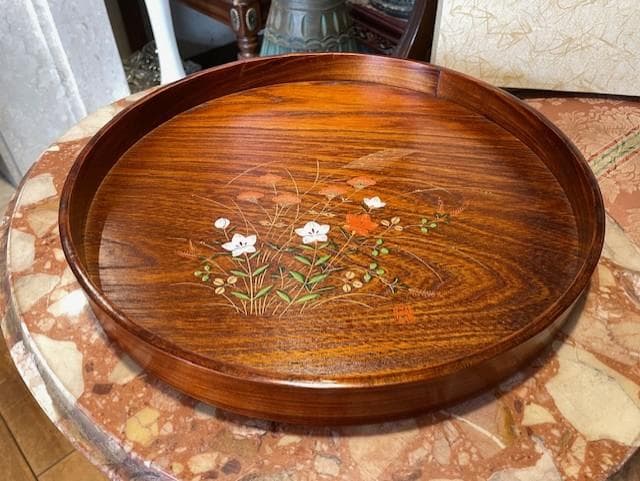 高級木製漆器トレイ 花模様