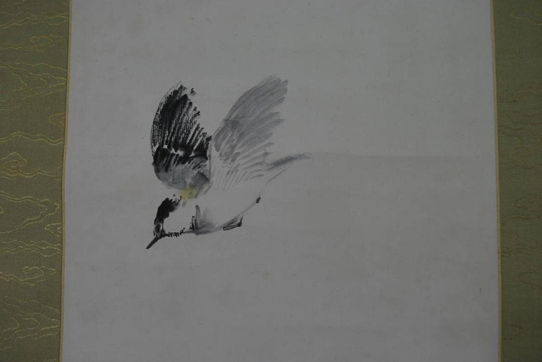 【真作】山下竹斎/鶏頭に小禽図/秋晴れ/掛軸☆宝船☆P-346　J