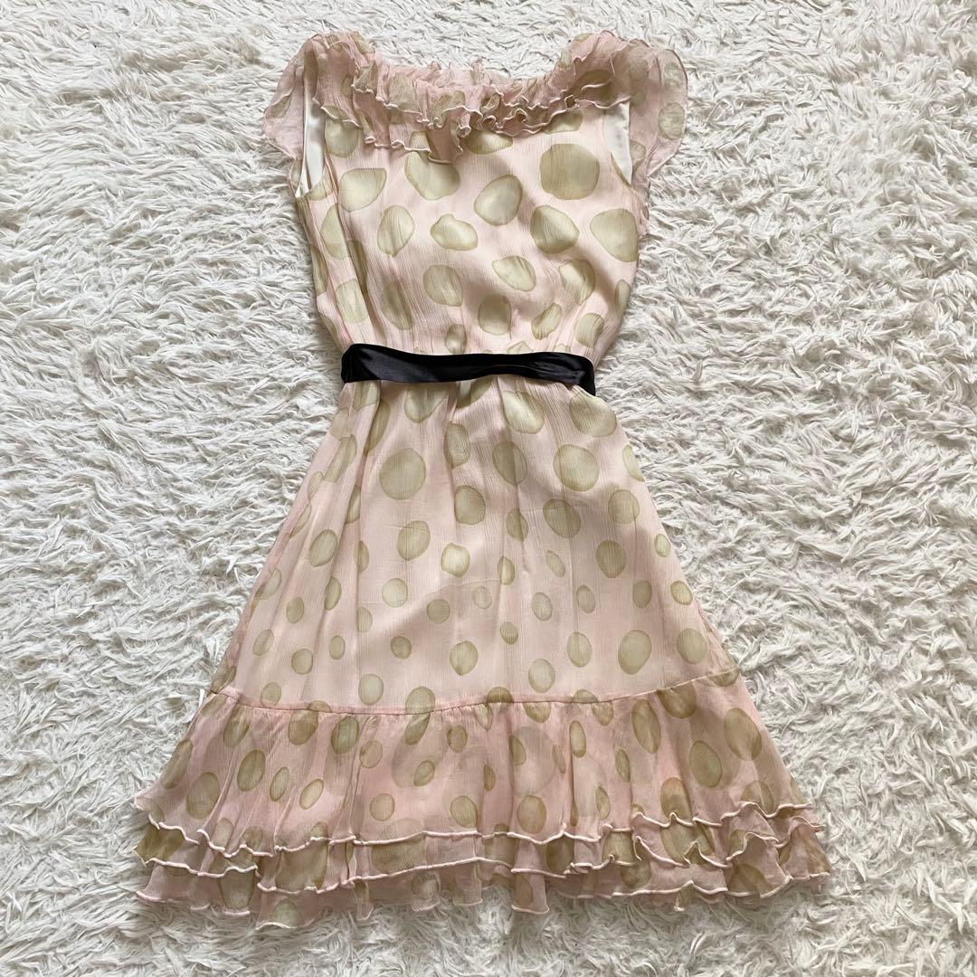 極美品■レッドヴァレンティノ　シルク100％　フリルワンピース　Aライン　42