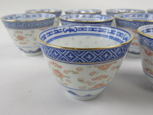 Y5-1210-② ◇景徳鎮製 ホタル手 蛍茶碗 金彩色絵青華文 10客◇