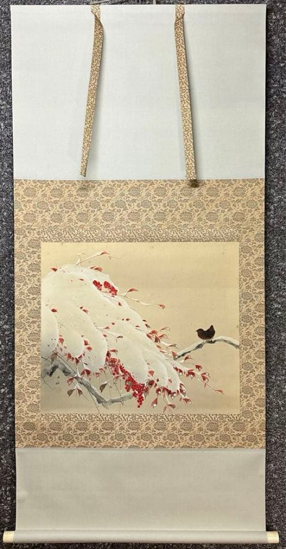 2121様感謝‼️紅❌白で春待ち‼️真作弓削恒畝　『南天』&みそさざい署名落款木箱入