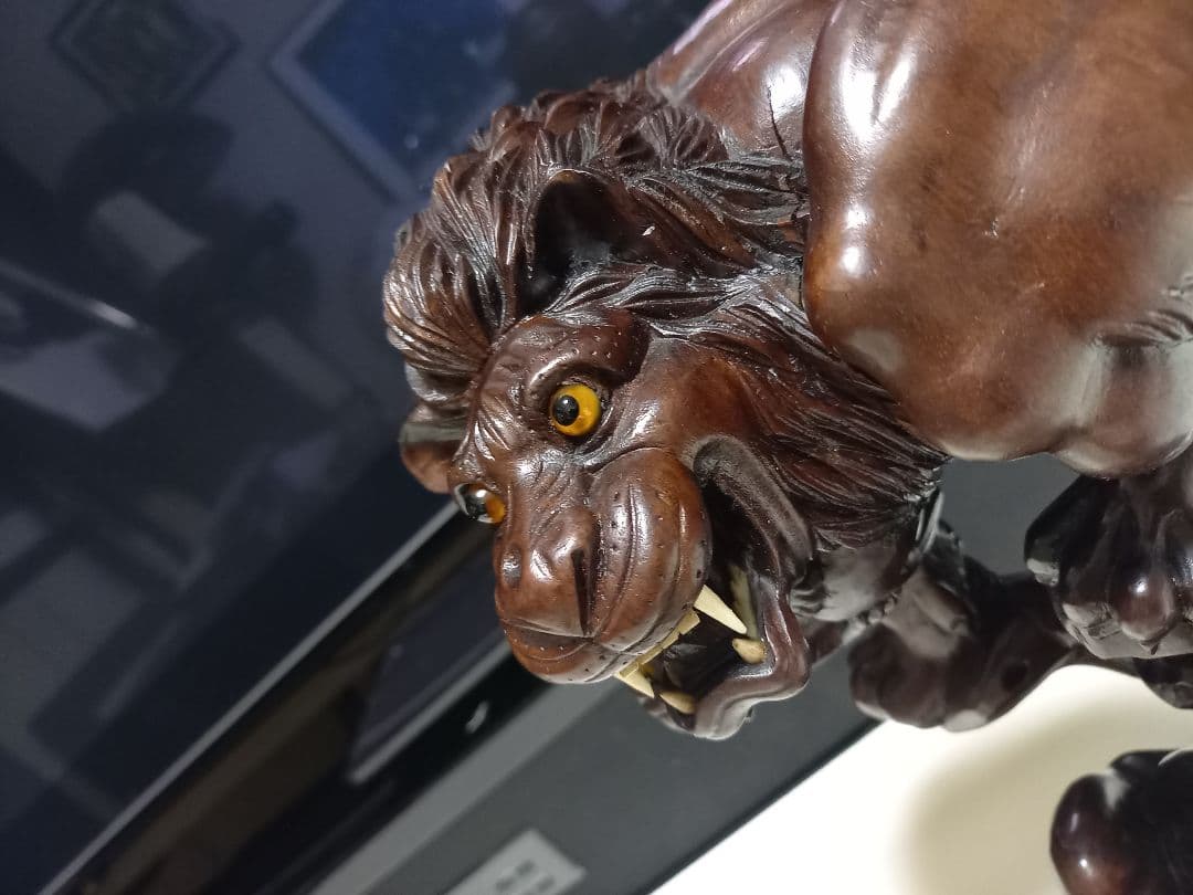 骨董　根木　唐木　無垢材　手彫り　硝子眼　唐獅子　細密　細工