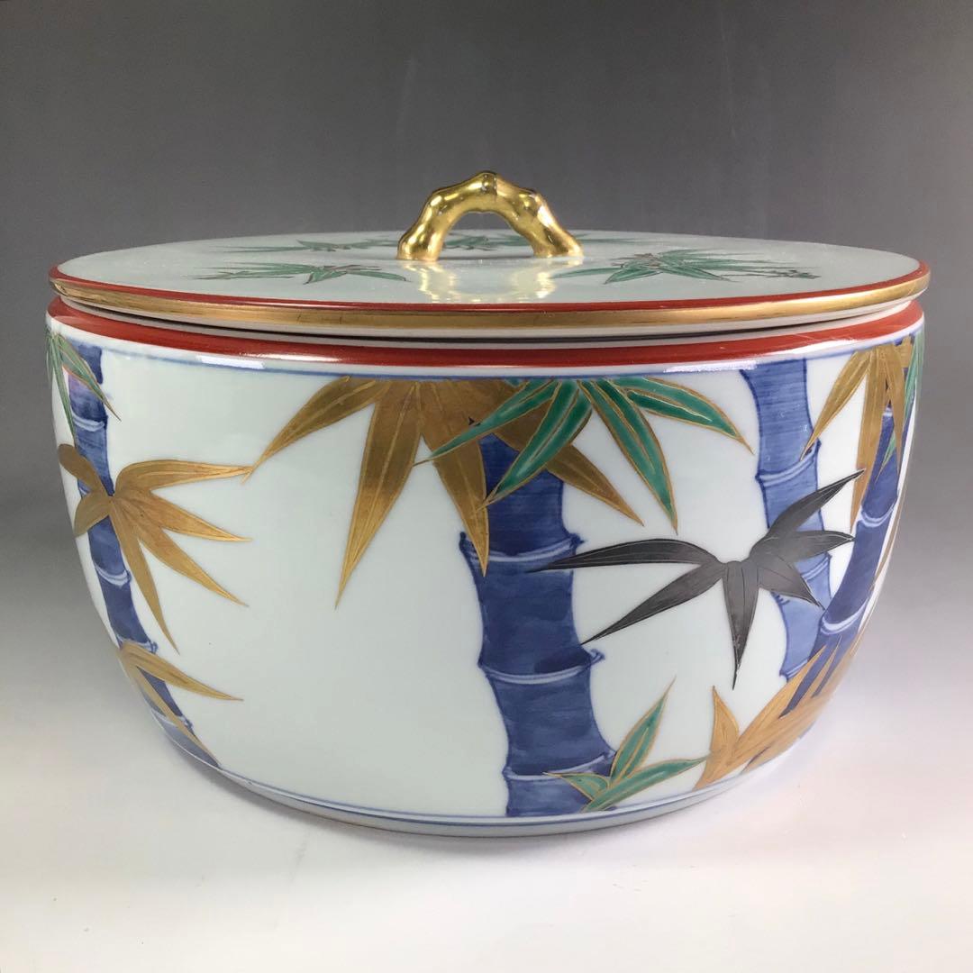 Ｒ６５３　水指　『平安　西村徳泉造』『替蓋』『金彩竹文』『平水指』　共箱　茶道具