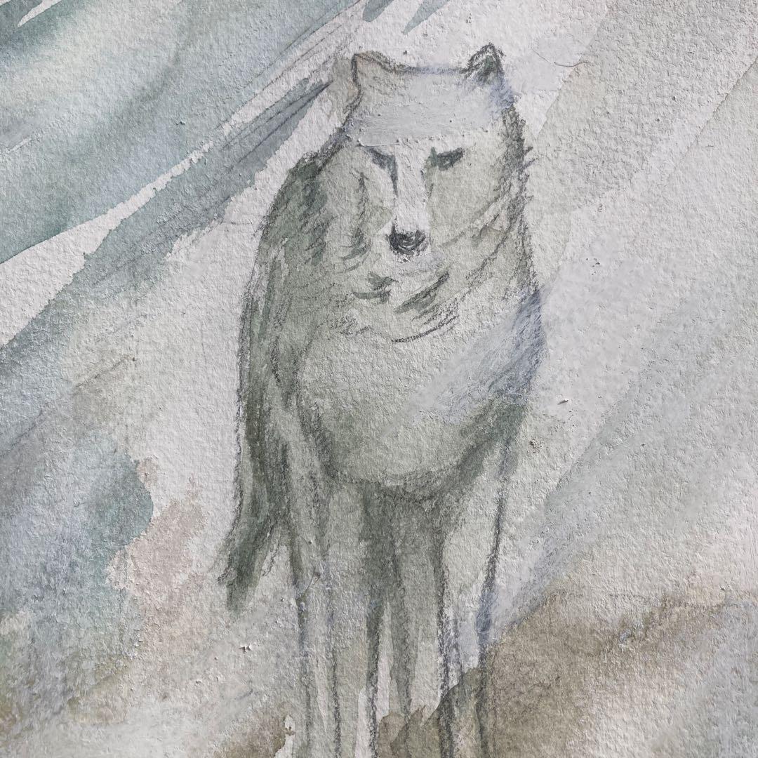 水彩画「雪原のオオカミ」