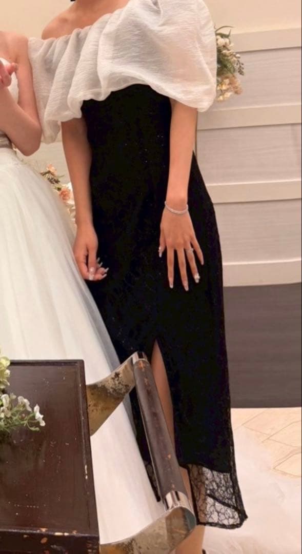 オフショルダー レース ロングドレス