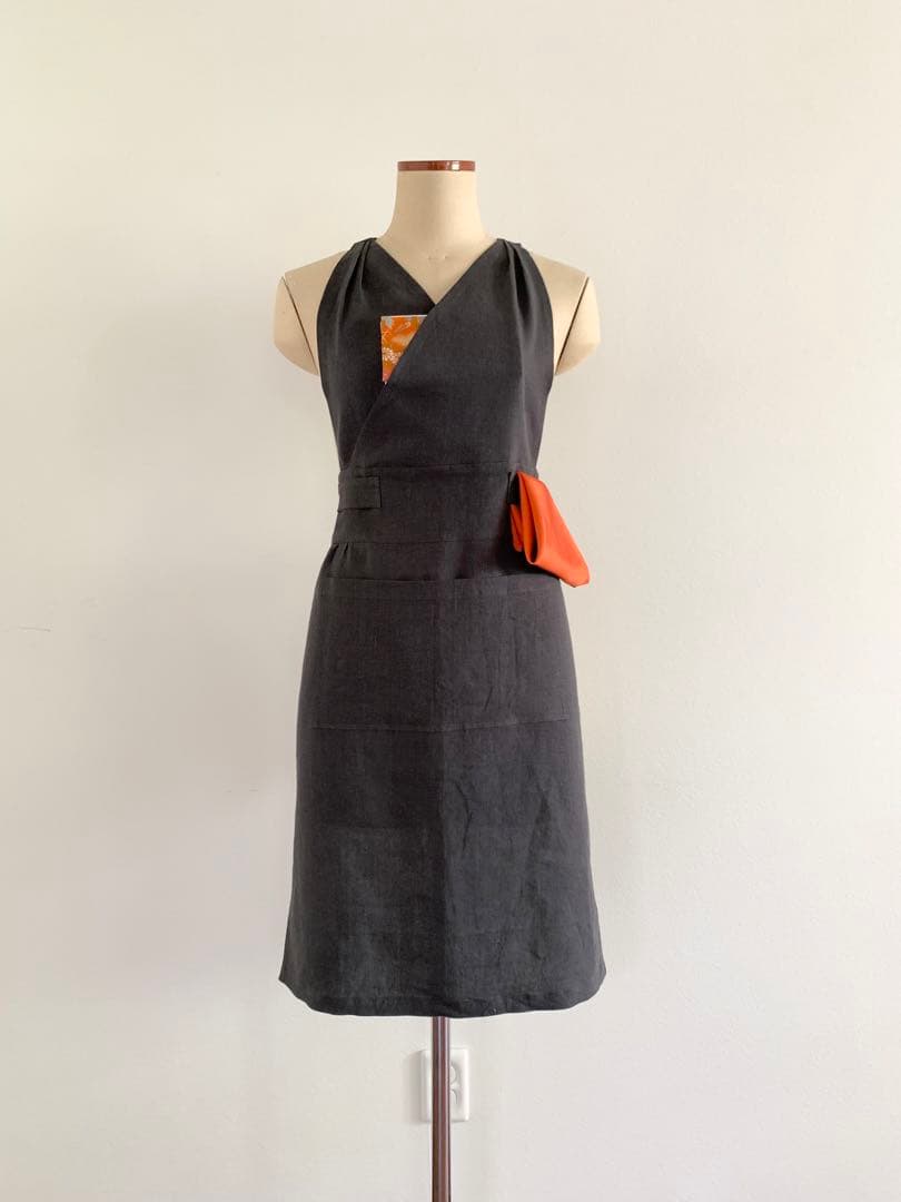 稽古着エプロン　フレンチリネン　チャコール　7-13号