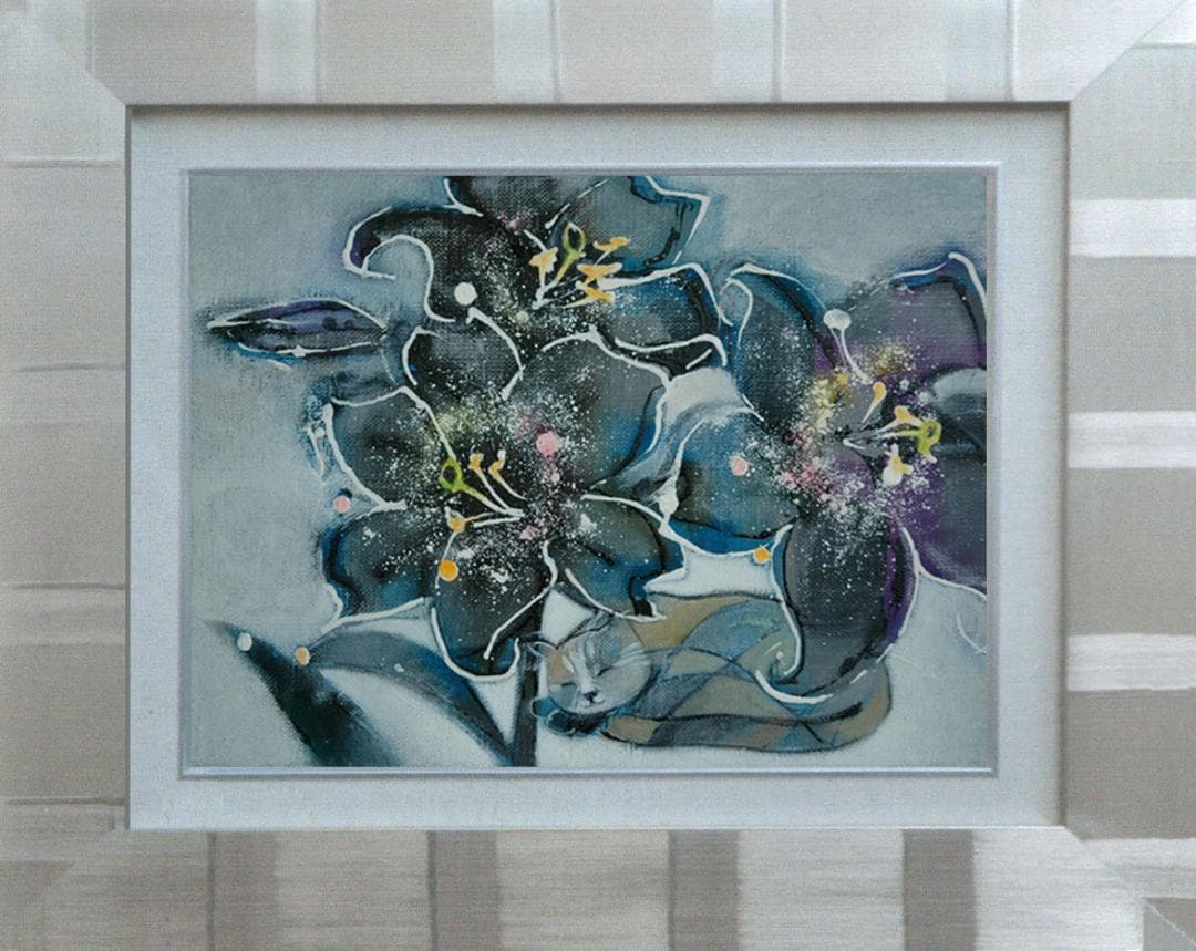 油絵 菅家令子絵 絵画インテリア額付(青緑＋金色の枠)F4-050620猫の昼寝