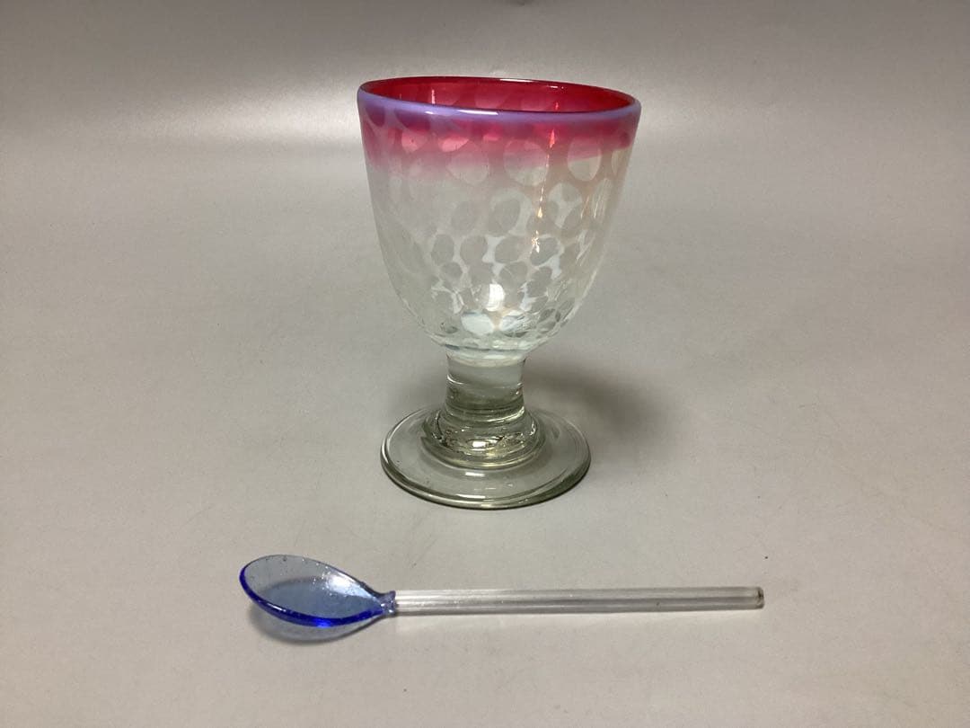 縁赤　水玉模様　なつめ形　氷コップ　ガラススプーン付き