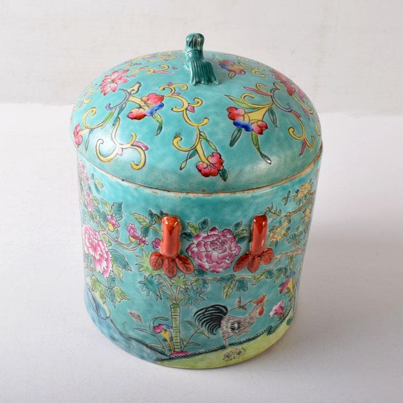 中国　粉彩　花鳥文　蓋付壺　時代箱　V　7753C