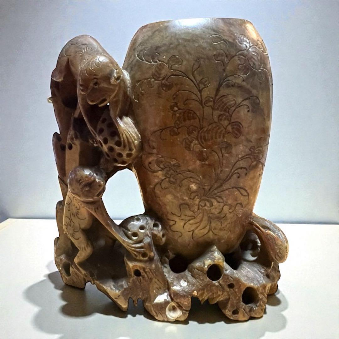 中国美術 寿山石 彫刻 置物 縁起物 【猿・蓮・雉】天然石 石彫 アンティーク