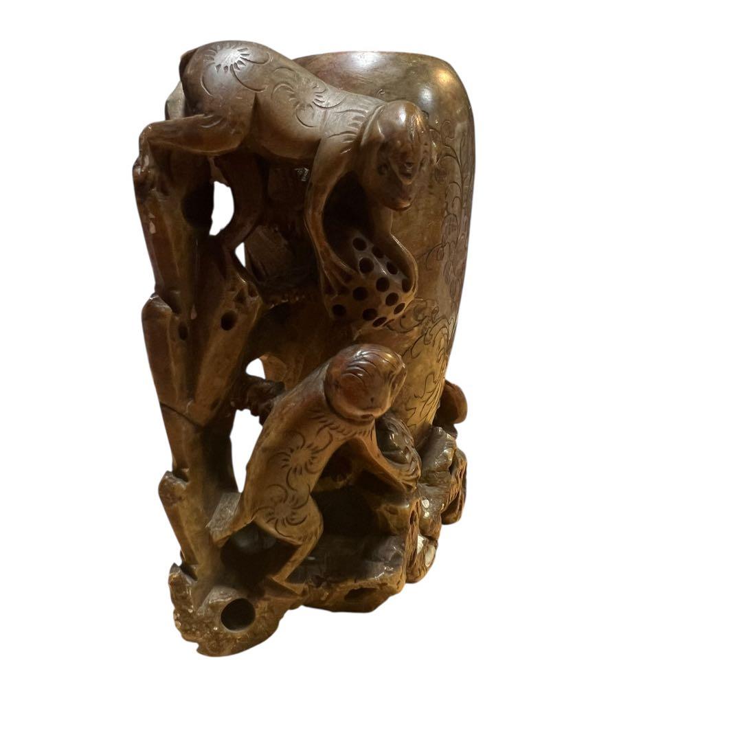 中国美術 寿山石 彫刻 置物 縁起物 【猿・蓮・雉】天然石 石彫 アンティーク