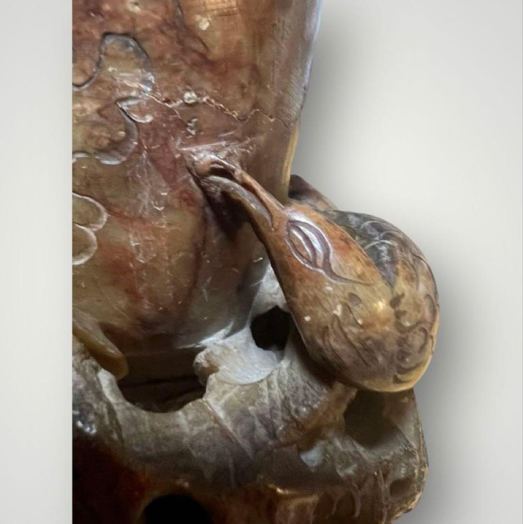 中国美術 寿山石 彫刻 置物 縁起物 【猿・蓮・雉】天然石 石彫 アンティーク