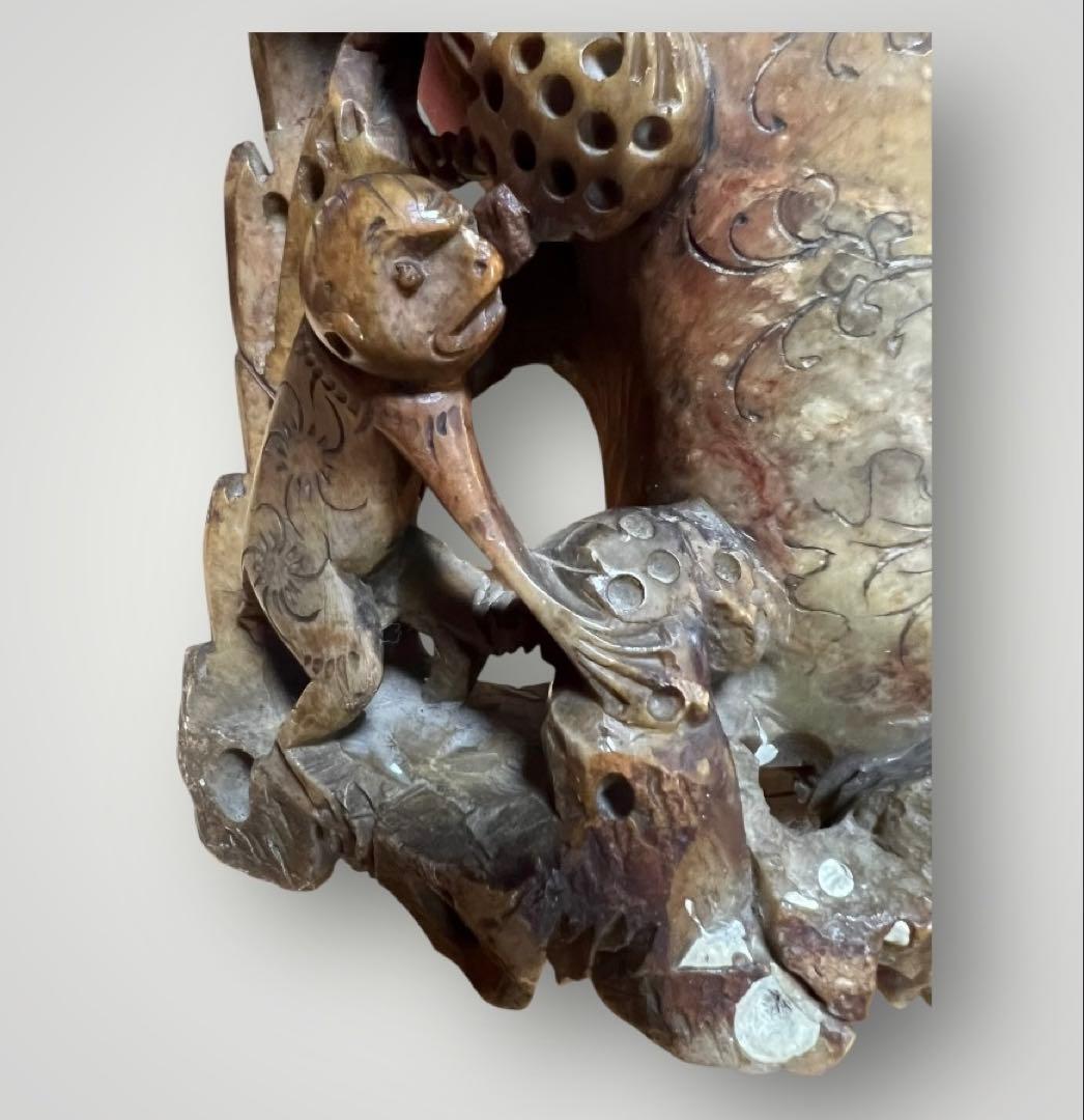 中国美術 寿山石 彫刻 置物 縁起物 【猿・蓮・雉】天然石 石彫 アンティーク