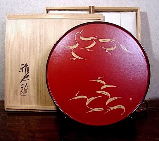 漆工　鈴木雅也 作　露草絵　一閑張干菓子盆　共箱　無傷　保証。
