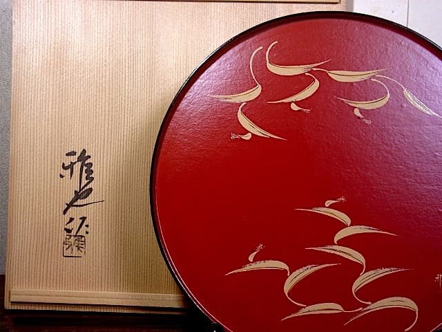 漆工　鈴木雅也 作　露草絵　一閑張干菓子盆　共箱　無傷　保証。