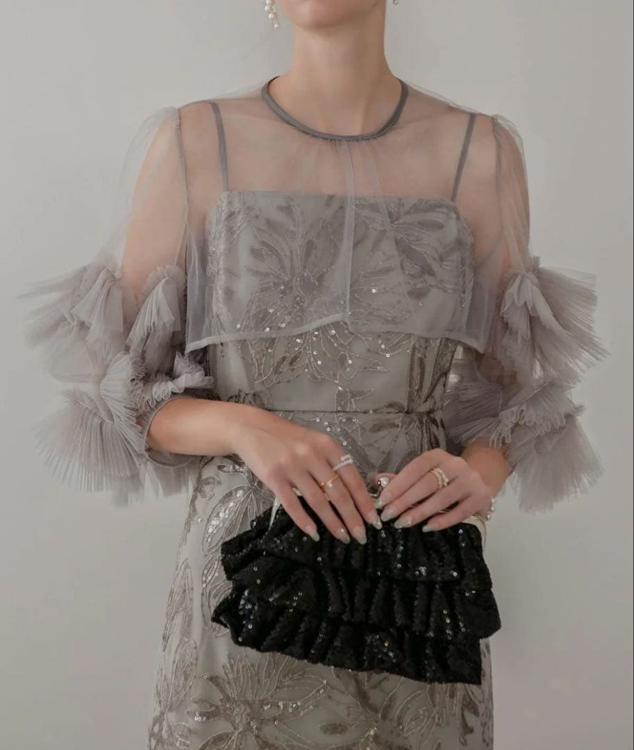 leja フラワースパンコールチュールフリルスリーブIラインワンピースドレス