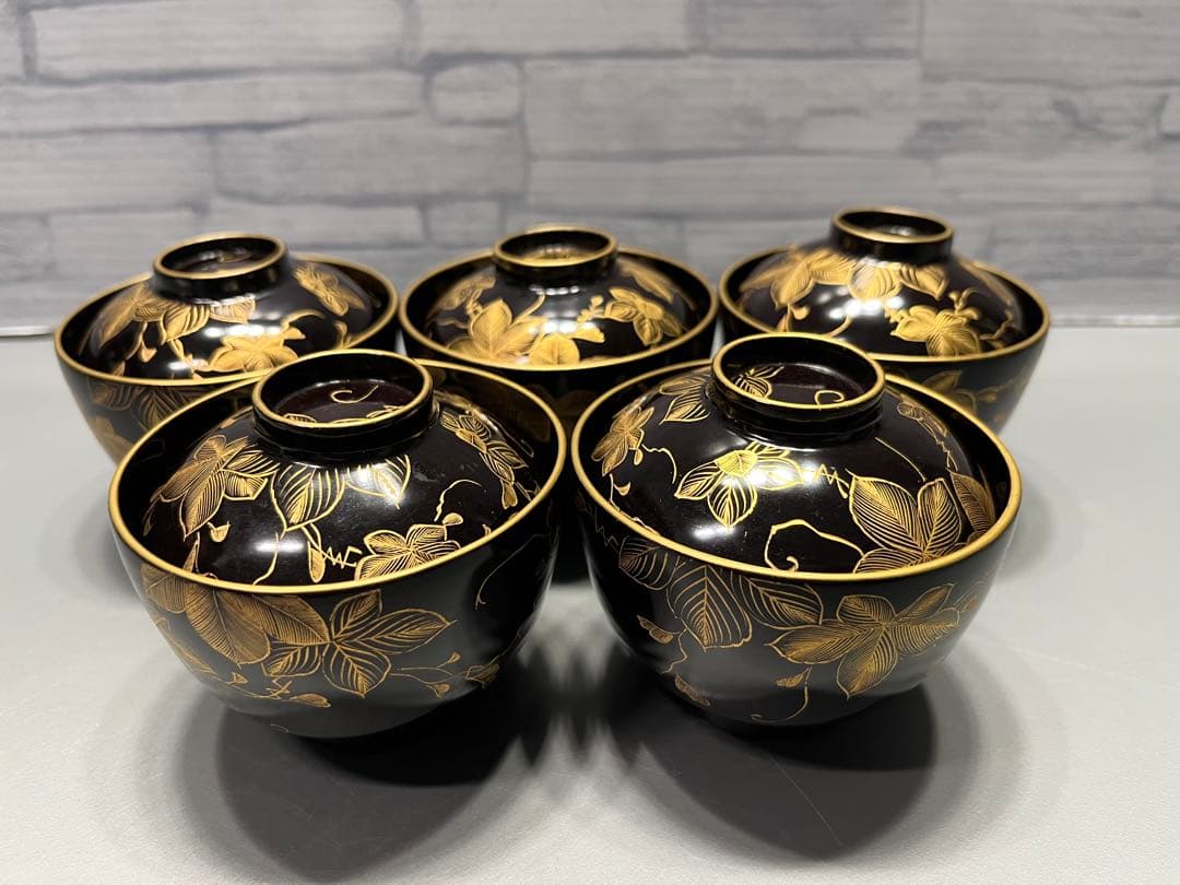 時代　極上　輪島塗　沈金蒔絵　小さな吸物椀　五客　木製