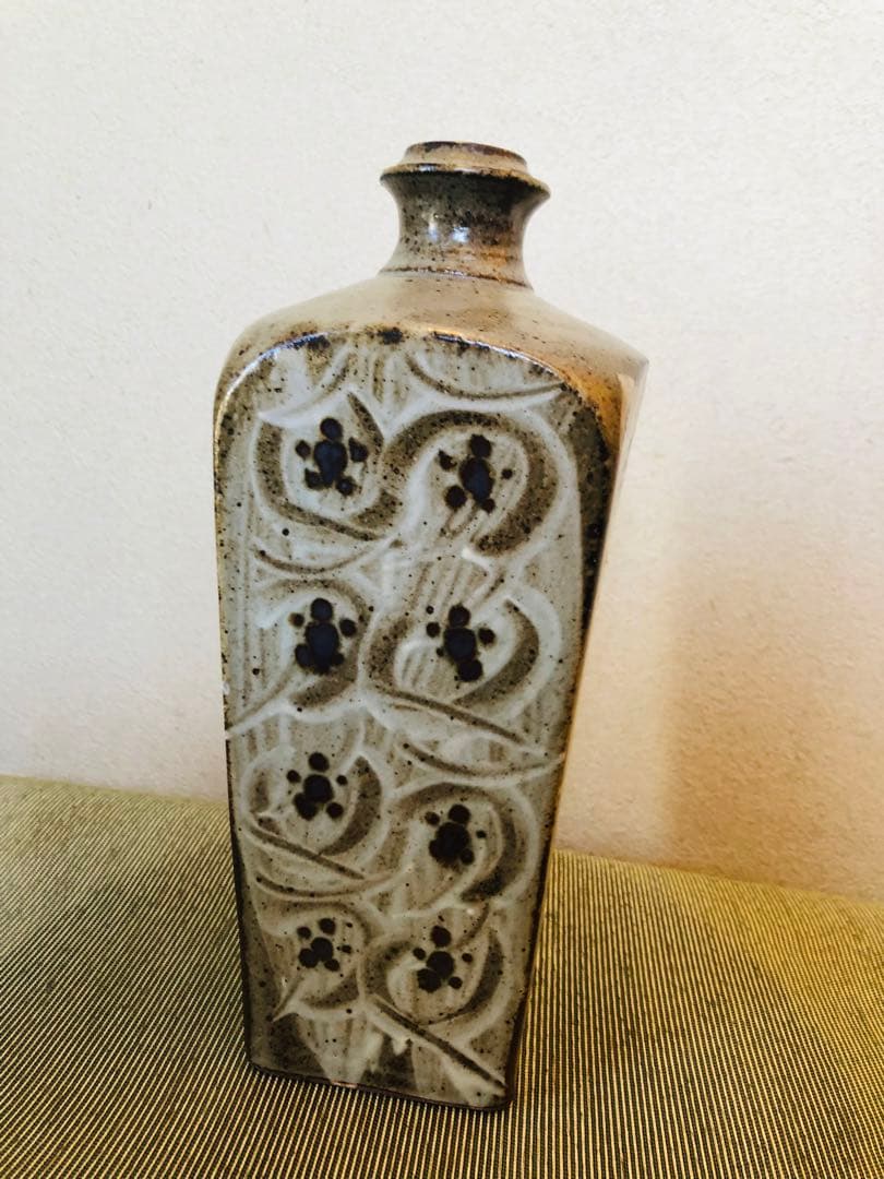 益子焼　人間国宝　島岡達三　象嵌方瓶　角花瓶　28cm