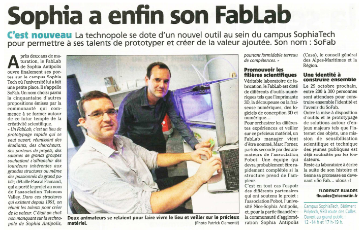 Nice Matin : inauguration du Fab Lab